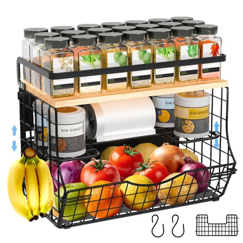 3-Tier Magnetic Shelf for Fridge with Divider & Bamboo Top, Fruit Basket Potato and Onion Storage Bins, Kitchen Large Container Magnetic Spice Rack for Refrigerator, Kitchen Counter, Fridge Organizer