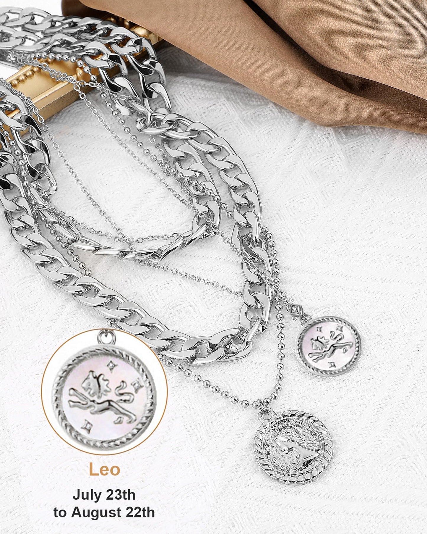 MJartoria Gold Layered Necklaces for Women Trendy Retro Coin Pendant Necklace Dainty Chunky Chain Choker Necklaces for Jewelry Birthday Gifts (Silver, Zodiac-Leo-3PCS Layered)