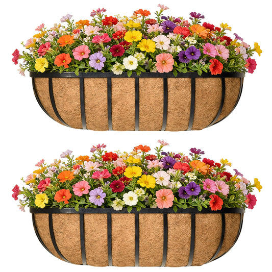 24 Inch Railing Planter Window Box Deck Balcony Rail Planter with Coco Liner Metal Wall-Mounted Coconut Liner Planter Basket English Horse Trough Planters for Outdoor Balcony Porch Fence (2 Pack)