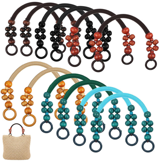 12 PCS Wooden Beaded Purse Handles, 6 Colors Rustic Nylon Rope Bag Straps with Beads, 18 Inch U-Shape Replacement Handles for DIY Crochet Tote, Beach Bags, Macrame Bag Making Supplies