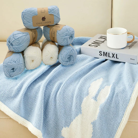 Chic Loops Knitting Kit for Beginners, Knitted Baby Blanket Beginner Crochet Kit for Adults, Crochet Soft and Cozy Bunny Baby Blanket with Instruction(Ice Blue)