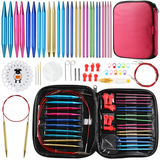 57 PCS Knitting & Crochet Kit, Aluminum Circular Knitting Needles Set 3.0mm–10.0mm with 4 Flexible Cables, Crochet Hooks & Accessories, Beginner Craft Starter Kit with Storage Case