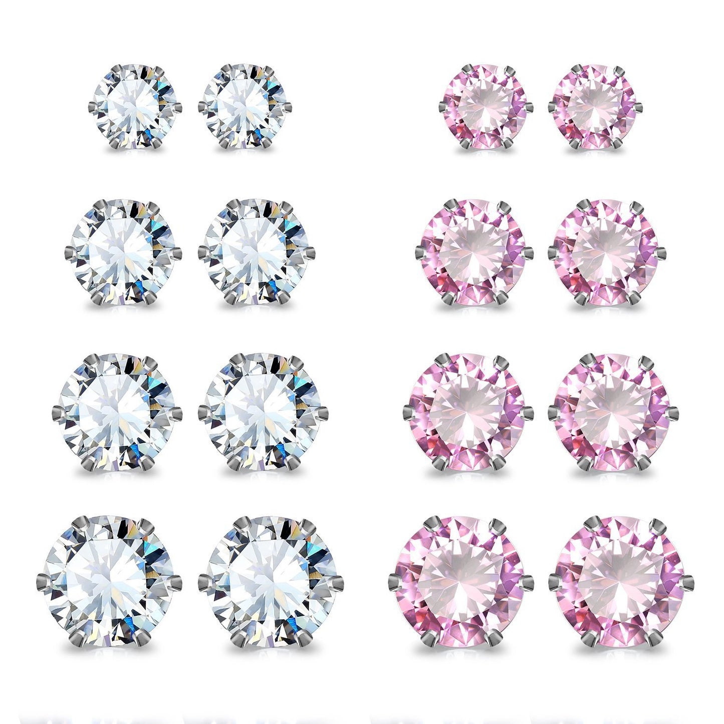 JewelrieShop Earrings for Women Studs Set Stainless Steel CZ Earing Hypoallergenic Multiple Piercing Ear Stud (8 pairs,4-8mm,White,Pink CZ)