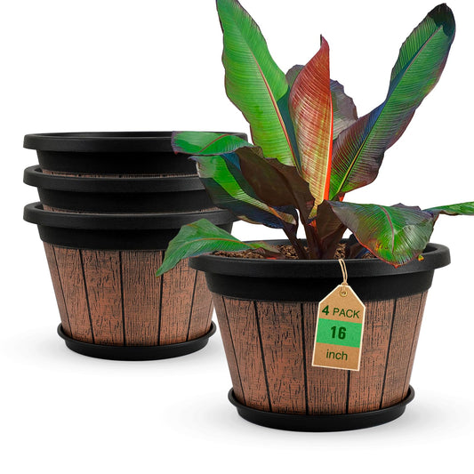 Quarut Large 4 Pack 16 inch Plant Pots,Whiskey Barrel Planters with Drainage Holes & Saucer,Plastic Decoration Flower Pots Retro Design,Planters for Outdoor Indoor Garden Balcony Plants (Brown)
