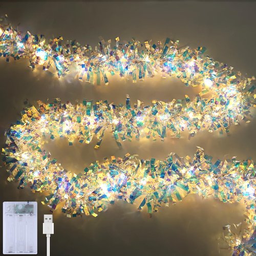 LAWOHO 2 Pack 16.5FT Christmas Tinsel Garland with Lights, Shiny Iridescent Foil Garland for Christmas Tree, Wedding Birthday Party Supplies, New Year Holiday Parties, Indoor Hanging Home Decor