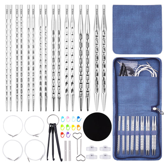 BsHooker Interchangeable Knitting Needles Set with Case,8 Pairs Square Aluminum Circular Knitting Needles with 4 Cable,Ergonomic Needles Kit 3.5mm-8mm