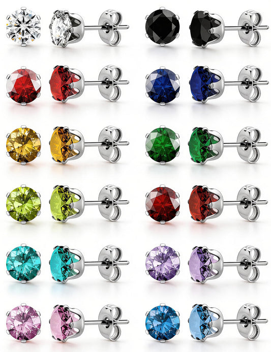 12 Pairs Hypoallergenic Surgical Steel Studs – 12-Color Cubic Zirconia Earrings for Women & Men"