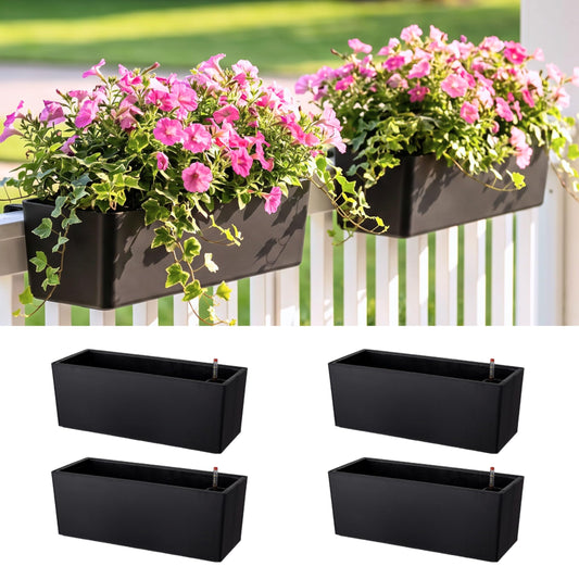 LaLaGreen Deck Railing Planter Boxes (14 Inch, 4 Pack) Self-Watering Window Box Planters with Brackets, Rectangular Hanging Flower Pots for Balcony Fence, Herb Garden Outdoor Black Plastic Planters