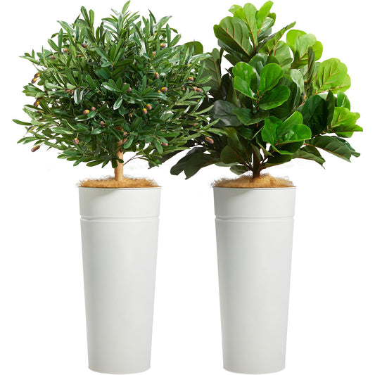 KOL 28" White Metal Planter Set, Galvanized Steel Plant Pots for Indoor Outdoor Decor with Artificial Olive Tree & Fiddle Leaf Fig, Faux Plants with Natural Coconut Fiber (Total Height 4.2FT)
