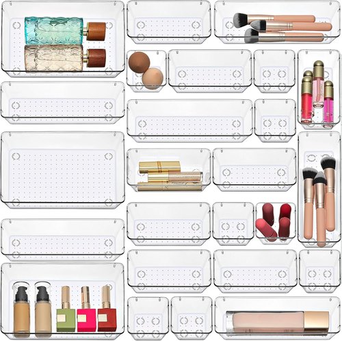 Masirs Clear Drawer Organizers Set – 25 PCS Stackable Plastic Storage Bins for Home & Office | Non-Slip Design