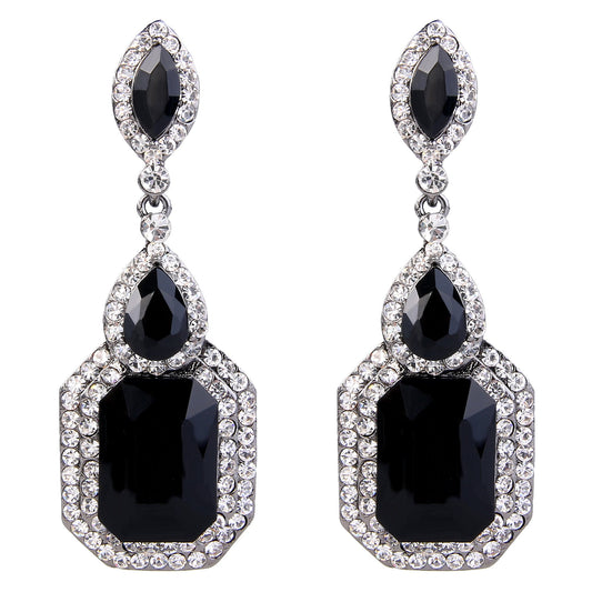 BriLove Wedding Bridal Dangle Earrings for Women Emerald Cut Crystal Infinity Figure 8 Chandelier Jewelry Black/Clear Black-Silver-Tone