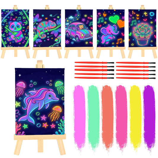 Tosstuki 24 Set Glow in the Dark Party Supplies Glow in Dark Paint Kit 3.9" x 5.9" Canvas for Painting with Wooden Easel Paint Brush Kit for DIY Crafts Rainbow Light up Birthday Luminous Party Favors