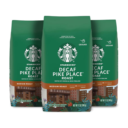 Starbucks Ground Coffee - Decaf Pike Place Roast | Medium Roast, 100% Arabica, 3 Bags (12 oz Each)