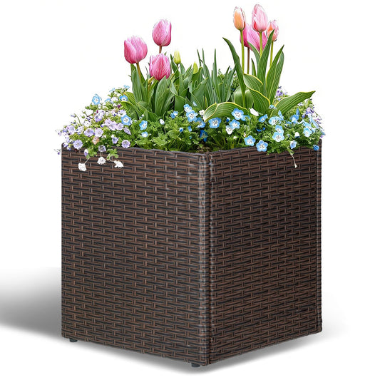 SUNNYPARK Brown Square Planter Box All-Weather PE Rattan Large Modern Planters with Removable Liner Indoor Outdoor Decorative Flower Pot for Patio, Balcony, Garden