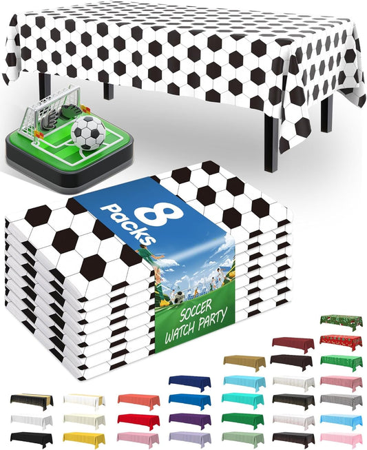 Pureegg Soccer Tablecloths - Disposable 8-Pack, Sturdy Leakproof Plastic Covers 54 x 108 Inch, Black & White