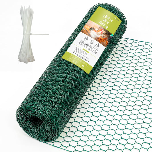 15.7 x 138 Inch Chicken Wire for Floral Arrangements, 24 Rifny Chicken Wire Fencing Roll, 0.6 Inch Mesh Hexagonal PVC Coated Metal Poultry Wire Netting for Craft Garden Plants Chicken Rabbit Barrier