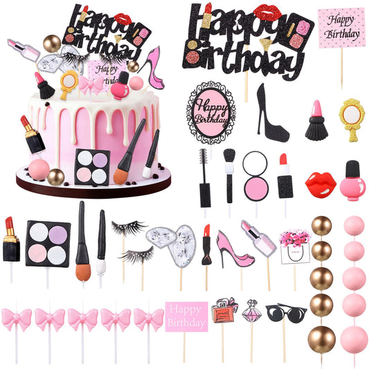 Beeveer 42 PCS Makeup Cake Topper Decorations Cosmetics Theme Bridal Cake Topper Party Lipstick Perfume Picks for Bridal Shower Birthday Partys