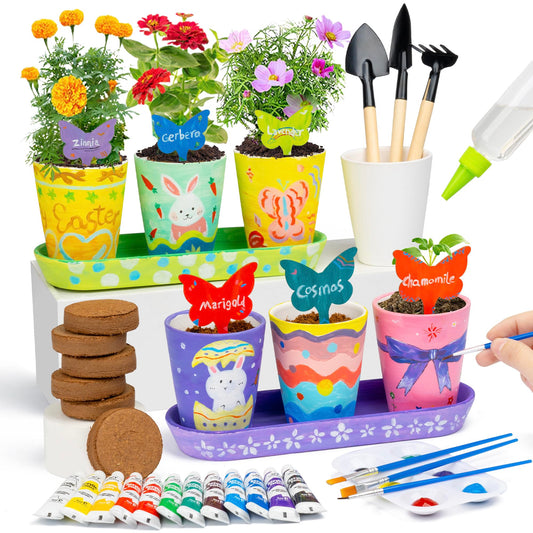 RGBDOT Kids Gardening Set Paint and Plant Stoneware Flower Growing Kit with 6 Pots and Gardening Tools Arts and Crafts for Kids Ages 8-12 Best Children’s Day Gift for Girls Boys Ages 5 6 7 8 9 10