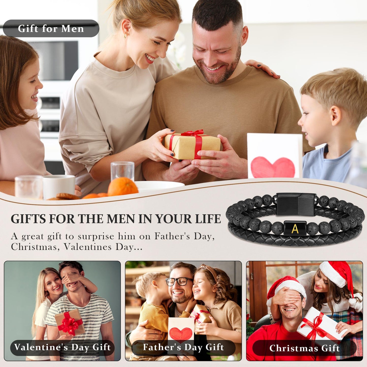 Leather Bracelets for Men - Mens Bracelet with Initial Lava Rock Bead Magnetic Clasp Black Mens Leather Bracelets for Men Gifts Black Initial M Bracelet for Men's Jewelry Men's Gifts for Dad Husband
