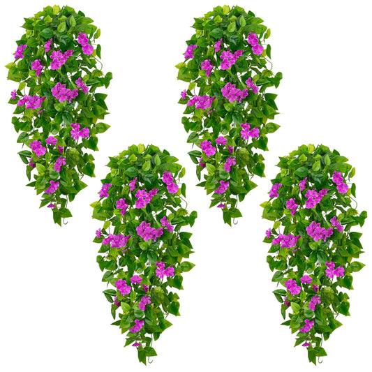 BLEUM CADE Artificial Hanging Flowers for Outdoors, 4pcs Fake Hanging Plants Pothos Vines with Purple Flowers for Wall Home Living Room Indoor Outdoor Decor (No Baskets)