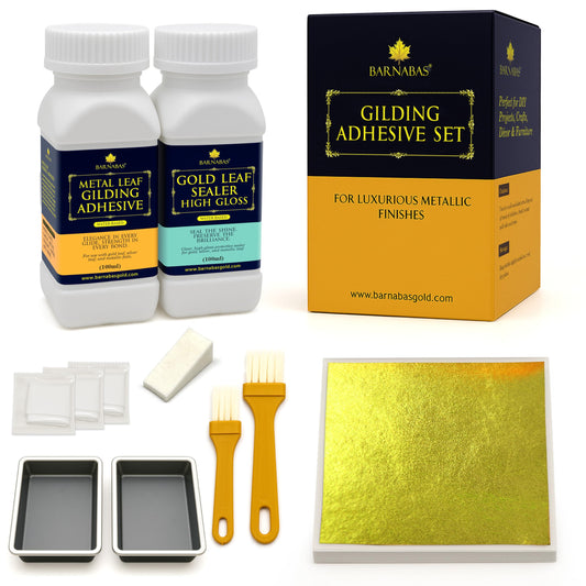 Barnabas Gold Leaf Kit – 100 Gold Leaf Sheets for Art, 100 Silver Foil, 100ml Leaf Adhesive & Sealer, Brushes & Tools for Gilding, Crafts, Foil Sheets, and Decorative Projects