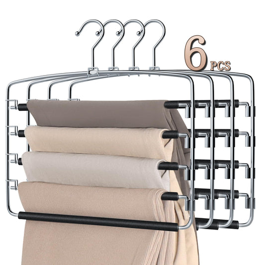 SINDAX Pants Hangers Space Saving - 6Pack, 5 Layers Space Saving Hangers, Sturdy Stainless Steel Pant Rack with Anti-Slip Swing Arm, Closet Organizers and Storage for Trousers Jeans