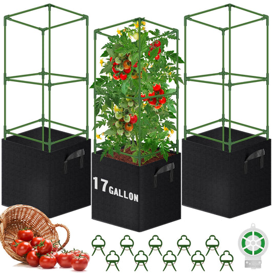 WLLEYAY 3 Pack Square Tomato Cages with 17 Gallon Grow Bags, 46'' Upgraded Heavy Duty Steel Garden Plant Support Stakes Kit, Flowers Vegetable Trellis for Vertical Climbing Plants Vines