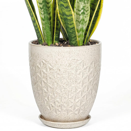 TOSELBAI 11.8 Inch Flower Pots for Indoor Plants,Ceramic Planter with Saucer Drainage Leak-Proof Mesh Gardening Gloves (Silk-White)