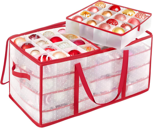 SONGMICS Christmas Ornament Storage Box - 128 Slots for 3-Inch Balls | Durable Plastic with Dual Zippers, Cherry Red