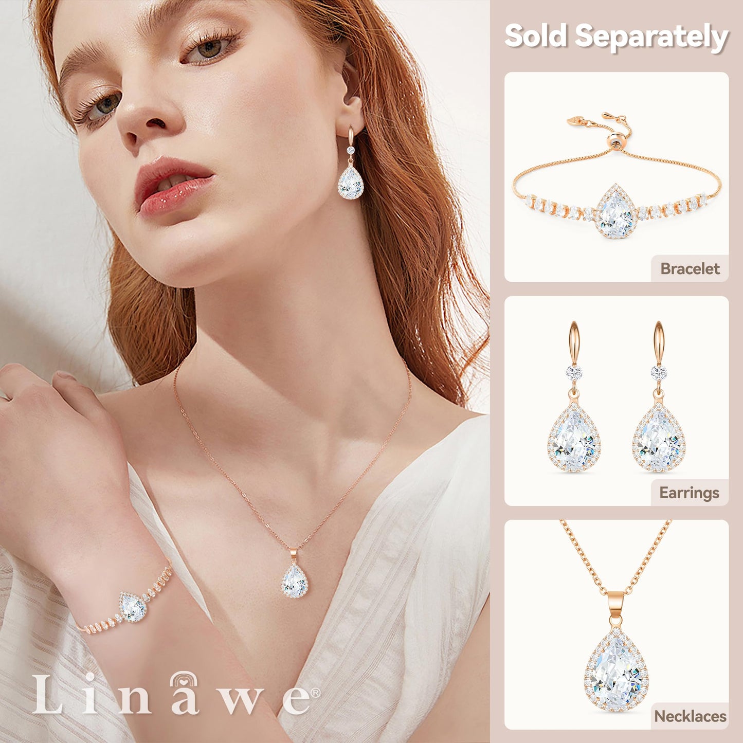 Linawe Wedding Earrings Rose Gold, Imitation Diamond Dangle Rhinestone Drop Earrings for Women Trendy, Cubic Zirconia Chandelier Earrings Crystal Teardrop Jewelry Set