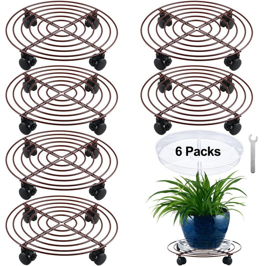 KvyusFlourish 6 Packs Large Metal Plant Caddy with Wheels 13" Rolling Plant Stands Heavy-duty Wrought Iron Plant Roller Base Pot Movers Plant Saucer on Wheels Bronze