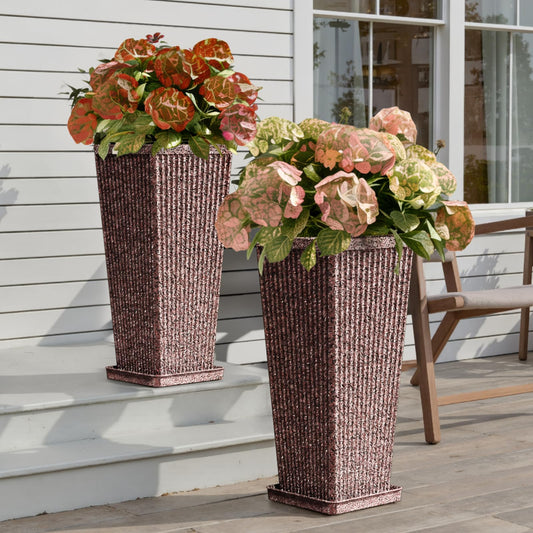 Trygoal 24" Square Tall Planters for Outdoor Plants Set of 2 - Faux Concrete Classic Tapered Indoor Flower Pots with Tray/Drainage Holes/Partition, Large Outdoor Planters for Porch Patio Garden, Brown