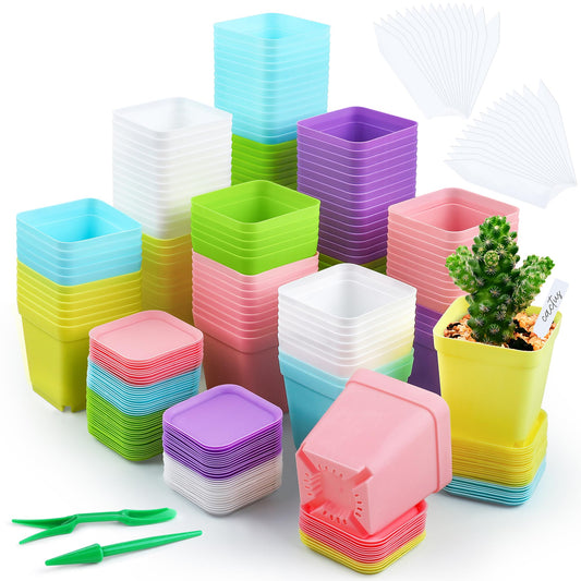 Hahood 120 Pack Mini Plastic Planters 3 Inch Flower Seedling Nursery Pots with Pallet Colorful Square Flower Plant Pots Seed Starting Pots with Labels and Tools for Home Garden Flowers Plants,6 Colors