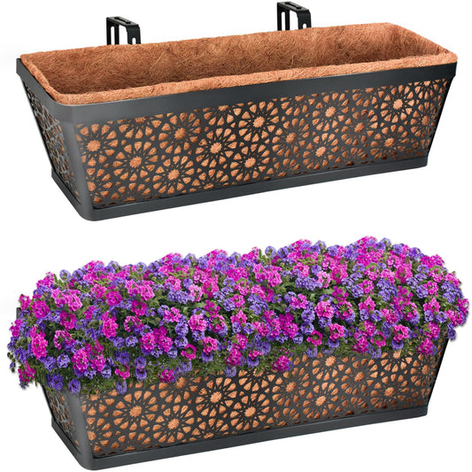Halatool Railing Window Balcony Deck Planter Boxes Outdoor, 2 Pack 24 Inch Metal Heavy Duty Planter Boxes with Coco Liner for Windowsill Fence Porch Patio Lawn