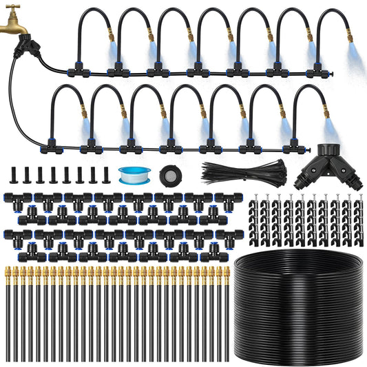 140Ft 1/4" Drip Irrigation System for Garden – 30 Adjustable Copper Nozzles, Automatic Atomizing Sprinkler System for Outdoor Plants Raised Bed, Yard, Potted Plants & Lawn