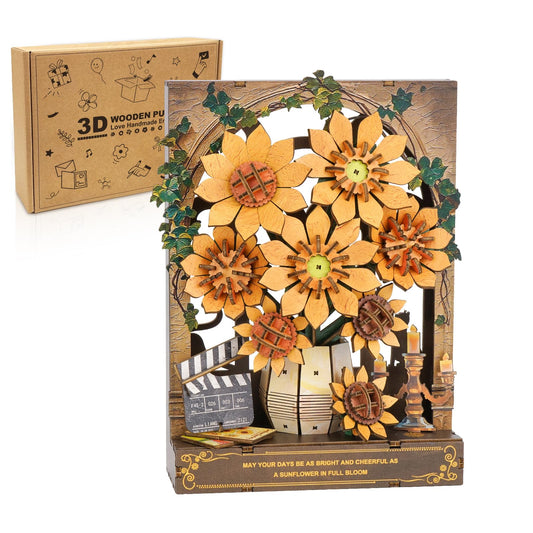 Cutywood 3D Wooden Puzzles for Adults - Sunflower 3D Art Wall Decor with LED Light, DIY Wooden Flowers Model Kit Building Set Crafts for Adults to Build Ideal Creative Gift for DIY Lovers