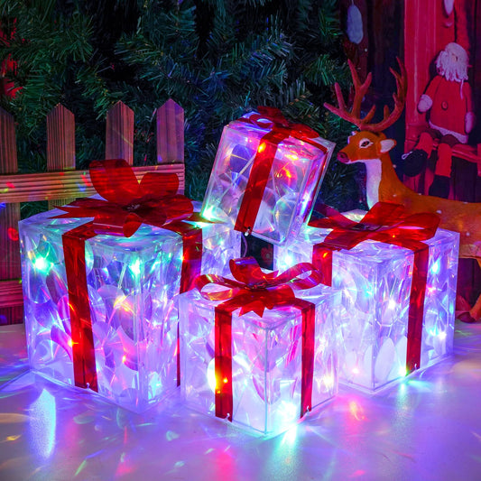 COVFEVER Christmas Lighted Gift Boxes, Pre-lit Lights Gift Boxes Set of 4, Light up Present Boxes Set Battery Operated with Different Sizes for Holiday Indoor Outdoor Decorations (Multi-Colored)