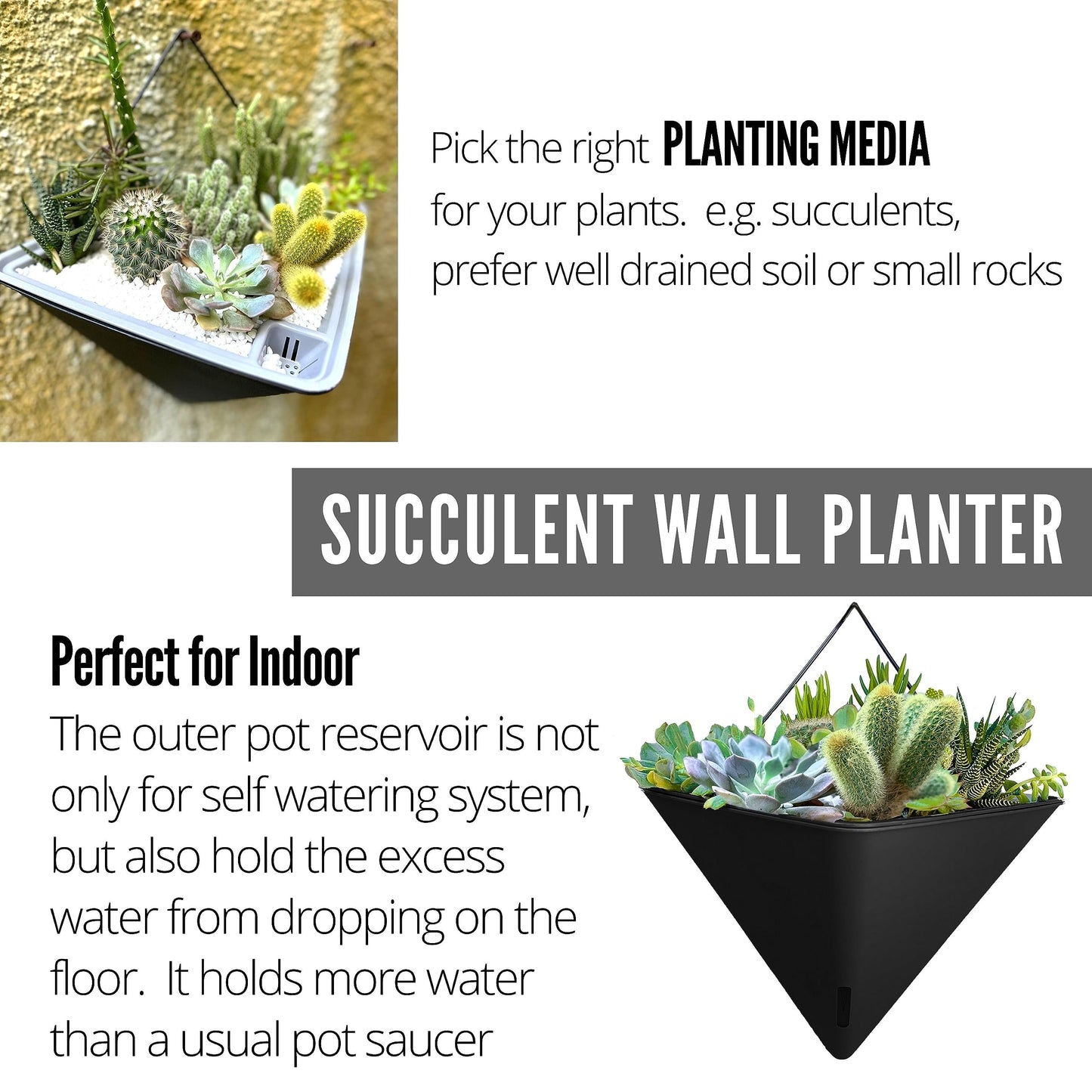 LaLaGreen Bundle - 12" x 4 Pack Black + 12" x 4 Pack White Large Self Watering Geometric Hanging Flower Vase Vessel with Metal Hanger, Modern Stylish Wall Mounted Succulent Pot Holder Decor