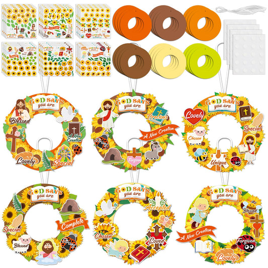 24 Sets Sunflower Religious Craft Kit Christian DIY Spring Wreath Crafts Kit with Jesus Bible Sunflowers Stickers Hanging Ornament for Spring Summer Sunday School Church Activities Home Decor