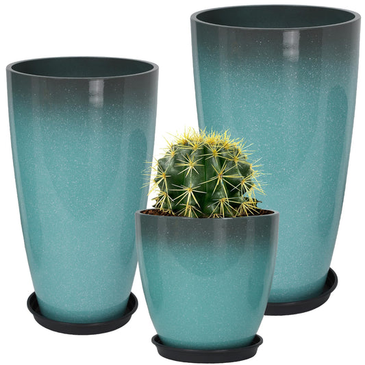 Neoaider 24/21/12 Inch Large Plastic Planter, Lightweight Ceramic-Look Tall Planters with Drain Hole & Saucers, Tall Plastic Planters for Porch, Garden, Patio, Balcony(Sky Blue)
