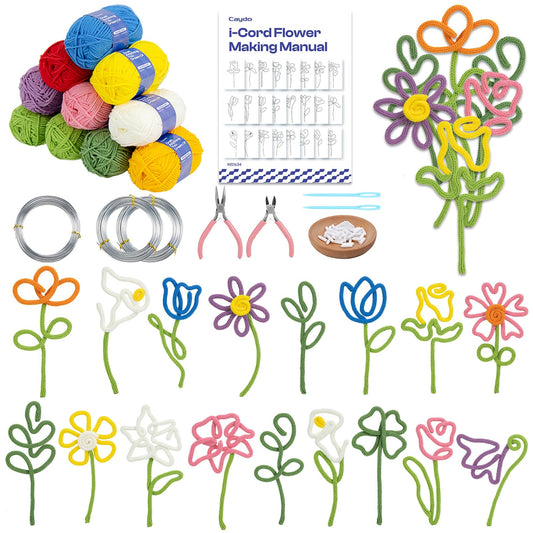 Caydo i Cord Flower Making Kit with 20 Flowers & 4 Leaves Templates, 10pcs Yarn and 82ft Craft Wire Kits for Beginner, DIY Florals Handicraft Making Kit, Learn to Knitting iCord with i Cord Maker Tool