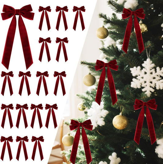 Velvet Ribbon Bows - 16Pcs Vintage Rustic Christmas Tree Ornaments | Burgundy 5" x 10" for DIY Decorations