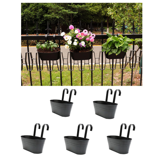 Cornasee 10.6" Metal Railing Planter for Fence/Balcony/Window/Outdoor, 5-Pack Hanging Planters Vintage Flower Pot with Detachable Hooks for Strawberry,Herb,Cactus Black