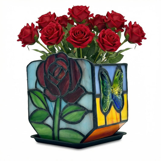 Entlityful Tiffany Style Stained Glass Rose Planter,Vintage Floral Glass Planter, Candlestick Holder,Unique Home Decor Gift for Women, for Butterfly Enthusiasts, Mother's Day