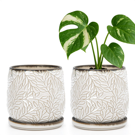 D'vine Dev 5 Inch Embossed Leaves Stoneware Planter Pot with Drainage Hole and Saucer, Smoked White, Set of 2, 27-F-V-1