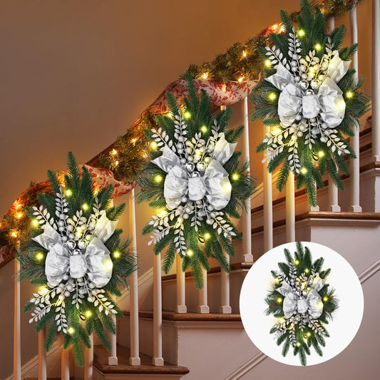 Hiboom 3 Pack Artificial Christmas Teardrop Swags 24" Xmas Cordless Prelit Stairway Swag Christmas Garland Stairs Rails Decoration with LED Lights for Indoor Outdoor(Silver,Classic Style)