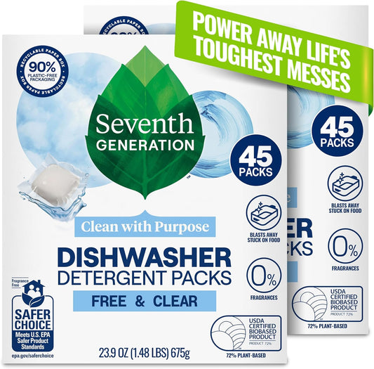 Seventh Generation Dishwasher Detergent Packs - Free & Clear, 45 Count | Sparkling Clean Dishes