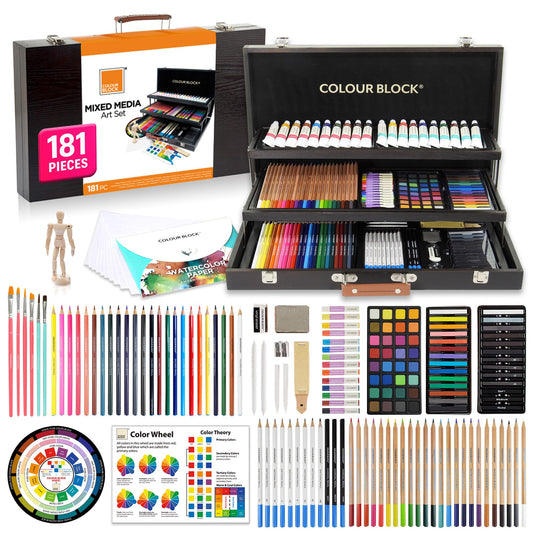 COLOUR BLOCK 181-Piece Mixed Media Art Set in Wooden Case for Drawing Sketching Painting, Soft Oil Pastels, Acrylic Watercolor Paints, Pencils, Art Supplies Kit for Artists, Professional, Adults, Beginner