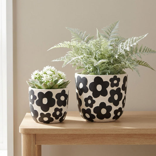 Set of 2 Pottery Cement Planters – Versatile Plant Holders for Greenery and Styling, Flower Pots for Living Room, or Patio – Bold Floral Pattern, Modern Graphic Look, Home Decor – 6" & 8", Black