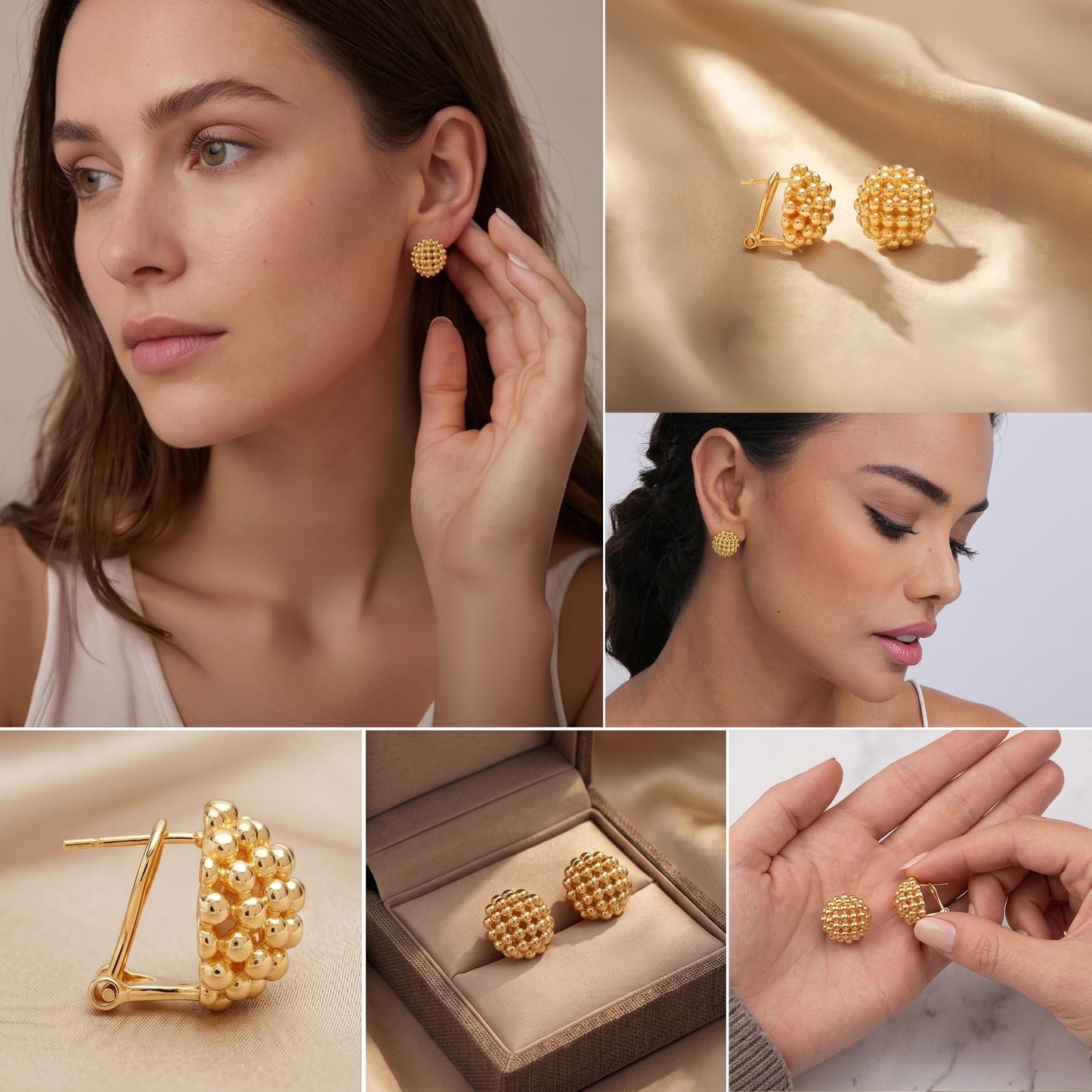 LeCalla 925 Sterling Silver Omega Back Earrings Jewelry Large 14K Gold Plated Crossover Round Beaded Omega Clip Back Stud Earring for Women - 15MM